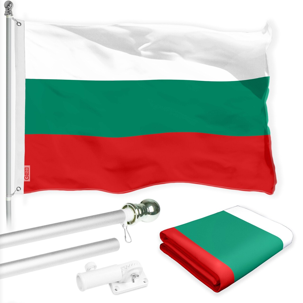 G128 Combo Pack: 6 Ft Tangle Free Spinning Flagpole (Silver) & Bulgaria Flag 3x5 Ft Printed 150D Polyester, Brass Grommets (Flag Included) Aluminum Flag Pole